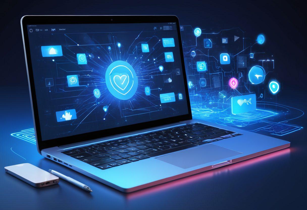 A dynamic blueprint-style illustration featuring an open laptop with glowing keys, surrounded by vibrant icons representing social media, comments, and hearts to symbolize online engagement. In the background, a detailed roadmap unfolds with arrows indicating growth strategies and user interactions. The color scheme should be bright and engaging, emphasizing connectivity and creativity. super-realistic. vibrant colors. digital art.