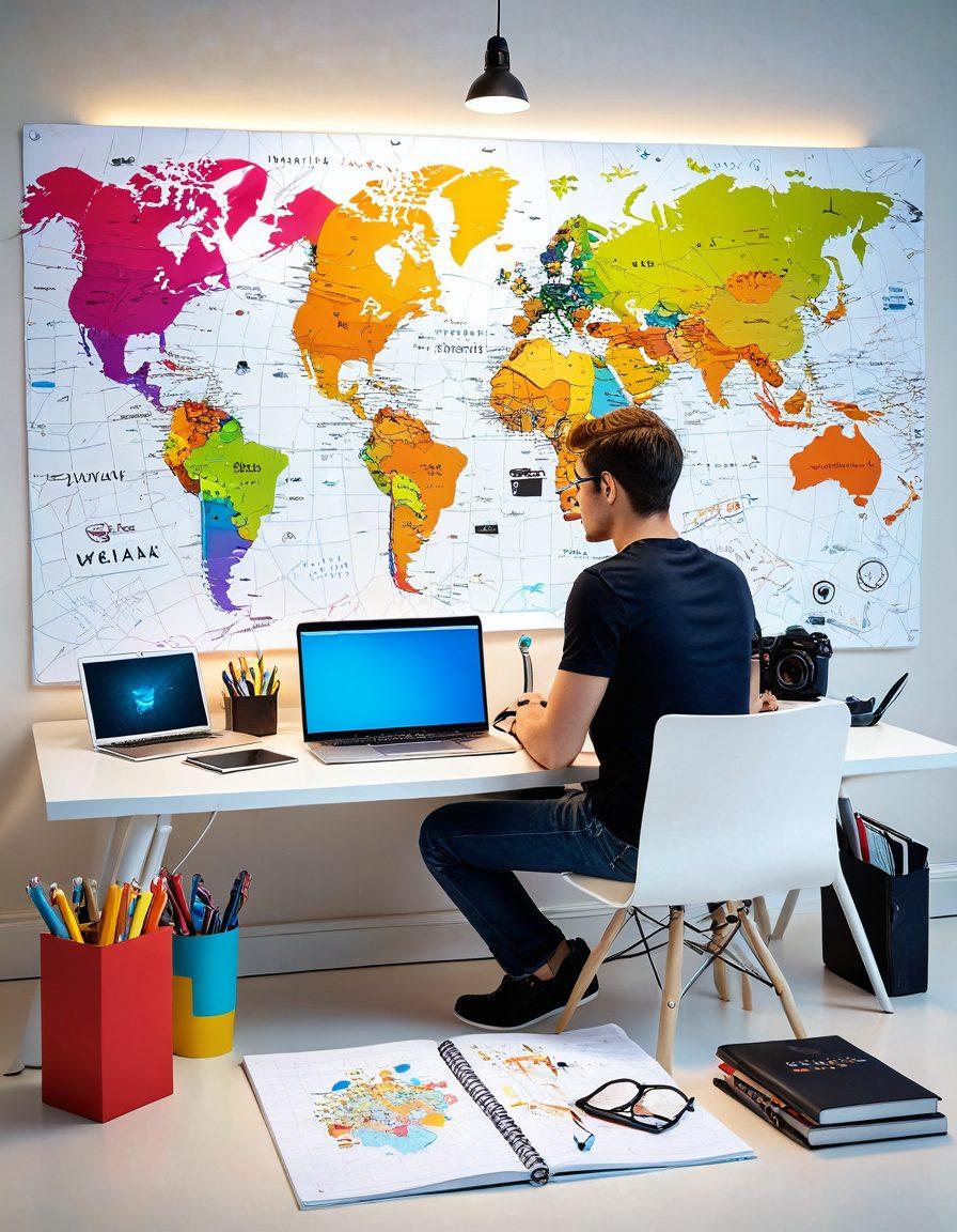 A visually engaging scene of a person sitting at a modern desk, surrounded by various blogging tools like a laptop, notebooks, and a camera, with vibrant creative ideas represented as colorful lightbulbs floating above. The background features social media icons and a digital world map symbolizing the blogosphere, fostering a sense of connection and creativity. super-realistic. vibrant colors. white background.