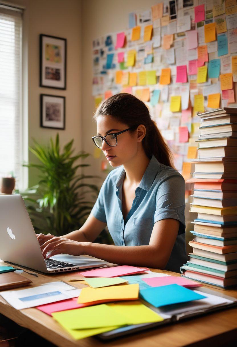A determined individual sitting at a stylish desk, typing on a laptop, surrounded by stacks of books and colorful sticky notes, showcasing a journey of growth and creativity. Soft light illuminating the workspace, with a vision board of goals and milestones in the background. Include elements of technology and books symbolizing knowledge. vibrant colors. super-realistic.